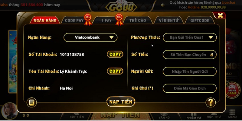 Hướng dẫn nạp tiền siêu tốc tại cổng game Go88